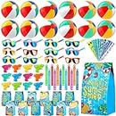 Luucio Mega Pool Party and Beach Favors - 48 Pack Bag Stuffers for Kids Including Balls, Sunglasses Bulk, Bubble Wands, More Favors, Birthday Supplies