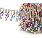 AB Color Drop Rhinestone Trim Crystal Gold Chain DIY Clothing Accessories 1Yard