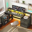 65" L Shaped Desk Computer Desk with Power Outlets & LED Lights & File Drawers