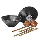 2 Sets (6 Piece) Ceramic Japanese Ramen Soup Bowl Set, Dishwasher and Microwave Safe, 1032ml/36oz Large Noodle Bowl with Matching Spoon and Chopsticks for Thai Udon Wonton Soup Pho, Black (24cm)