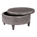Inspired by Bassett Augusta Eco Leather Round Storage Ottoman with Brass Color Nail Head Trim and Deep Espresso Legs, Grey