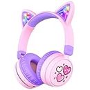 iClever Kids Bluetooth Headphones, Light Up Cat Ear, Safe Volume 74/85dBA,60H Playtime,Bluetooth 5.3,USB C Charging,Wireless Kids Headphones AUX Cord for iPad Tablets School Travel,Meow Cookies-Purple