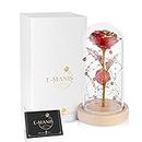 E-MANIS Beauty and The Beast Rose,Red Gold Foil Rose and Led Light with Gold Beads in Glass Dome on Wooden Base for Christmas,Valentine's Day,Mother's Day,Anniversary,Wedding,Home Decor