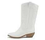 Soda Women Cowgirl Cowboy Western Stitched Boots Pointy Toe Knee High Reno-S (11, White/Beige PU, numeric_11)