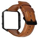 MroTech Replacement for Fitbit Blaze Leather Strap with Frame, Genuine Leather Wrist Band and Metal Frame Protector Bumper for Fitbit Blaze Smart Fitness Watch Brown Strap Black Frame Black Buckle