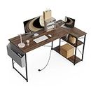 BEXEVUE Small L Shaped Desk with Power Outlets - 100x70 cm Corner Computer Desk Writing Table, Reversible Large Storage Shelves, Bookshelf Workstation for Study Play Work Bedroom Home Office Walnut