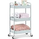 TOOLF 3-Tier Rolling Cart, Metal Utility Cart with Lockable Wheels, Storage Craft Art Cart Trolley Organizer Serving Cart Easy Assembly for Office, Bathroom, Kitchen, Kids' Room, Classroom (Green)