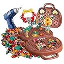 Creativity Tool Box with Toy Electric Drill Screwdriver Tool Set,Creative Mosaic Puzzle Toy,Puzzle Preschool Learning Educational Activity Toys for Kids Boys Girls Ages 3-10 Years Old (Brown)