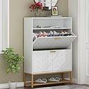 Loomie Shoe Cabinet, Free Standing Tipping Bucket Shoe Rack Organizer with 2 Flip Drawers,Entryway Narrow Shoe Storage with Storage Shelf & Top Cubby,Modern Slim Hidden Shoe Cabinet with Doors, White