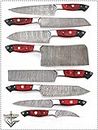 G16Red- Professional Kitchen Knives Custom Made Damascus Steel pcs of Professional Utility Chef Kitchen Knife Set with Chopper/Cleaver Black Horn (at end) GladiatorsGuild (8, Red)