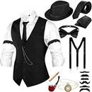 Neer 1920s Mens Costume Accessories Outfit with Gangster Vest Hat Vintage Pocket Watch Bow Tie Suspenders Accessories (Black, Large)
