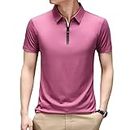 2023 Summer Men Ice Silk Cool Polo Shirt,Slim Zipper Lapel Short-Sleeved T-Shirt Casual Solid Color Athletic Workout Tops (2XL/120,Pink)