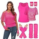 Women's Casual Sexy 80s Costumes Neon Outfit Accessories Off Shoulder T-Shirt Two Pieces, Fishnet Gloves,Legwarmers