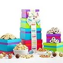 Broadway Basketeers Gourmet Chocolate Gift Tower - Birthday Snack Box with Sweet and Savory Treats