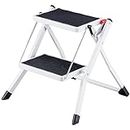 Home Vida Compact Anti Slip Mat Tread Heavy Duty 2-Step Stool Folding Kitchen Ladder, Metal, White/Black