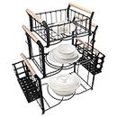 Suwimut 3 Tier Buffet Caddy, 10 Pieces Stackable Plate Napkin Silverware Holder Utensils Organizer with 5 Mugs Hooks for Kitchen, Dining Table, Entertaining, Party, Picnic, Black