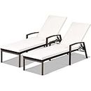 COSTWAY 2PCS Patio Rattan Lounge Chair Chaise Recliner Back Adjustable Cushioned Garden White