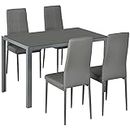 HOMCOM Dining Table Set for 4, 5-Piece Rectangular Glass Kitchen Table and Chairs with Metal Frame and Faux Leather Upholstery for Dining Room, Living Room, Grey