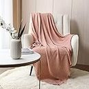 CREVENT Farmhouse Waffle Knit Throw Blanket for Couch Sofa Chair Bed Home Decoration, Soft Warm Cozy Light Weight for Spring Summer Fall (127cmX152cm Coral Pink)