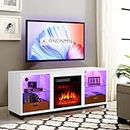 Oneinmil Electric Fireplace TV Stand with Adjustable Glass Shelves, 3D Fireplace TV Stand, Wood Storage Cabinet Table for TV up to 65", White