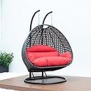 Candid Home Designer Double Seater Heavy Iron Hanging Swing Chair with Tufted Soft Deep Cushion & Stand Backyard Relax for Indoor, Outdoor, Balcony, Patio, Home & Garden, Terrace (Black + Red)
