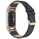 Simpeak Leather Band Compatible with Fitbit Charge 2 Only, Genuine Leather Wristband Strap Replacement for Fitbit Charge2, Black Band+Rose Gold Adaptor
