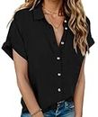 Hotouch Black Button Up Shirt Women Blouses Summer Casual Short Sleeve Cotton Button Down Shirts Tops Medium