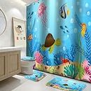 Lnond 4 Pcs Kids Bathroom Shower Curtain Set, Ocean Sea Turtle Bathroom Sets for Kids Bathroom Decoration with Shower Curtain, Non Slip Bathroom Rugs, Toilet Lid Cover, U Toilet Mat and 12 Hooks