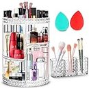 360 Rotating Makeup Organizer Set, Organizador De Maquillaje Perfumes, Clear Acrylic Cosmetic Display Cases, Spinning Cosmetic Storage Box for Vanity, with Makeup Sponge & Makeup Brush Holder