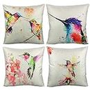 Outdoor Spring Birds Throw Pillow Covers Patio Furniture Watercolor Hummingbirds Painting Floral Decorative Cushion Cases Home Décor for Couch Bed Sofa 18x18 Inch Set of 4