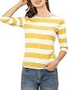 Allegra K Women's Day Elbow Sleeves Top Casual Boat Neck Slim Fit Stripe T-Shirt, Yellow White, 12