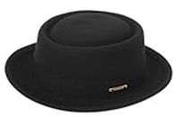 Herren Flat Top Porkpie Hut Gebläse Hüte – schwarze Wollmütze mit Band (S-M), Schwarz mit Band, 56