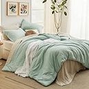 Bedsure King Size Comforter Set Sage Green, 7 Pieces Lightweight King Bedding Sets Boho, Bed in a Bag with Comforter, Sheets, Pillowcases & Shams, Contrasting Design