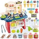 Ixora Mini Supermarket Toys Kids Cash Register Pretend Play Kitchen Grocery Store with 33 Pcs Accessories Ice Cream Set Role Play Gift for Girls Boys 3 4 5 Years