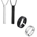 Okos Men's Fashion Jewellery Combo of 2 Rhodium Pated and Soild Black Polish Bar/Cuboid Pendant Necklace with 2 Adjustable Finger Rings For Boys and Men PD1000875BAR