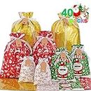 Asoulin Christmas Drawstring Gift Bags with Tags - 40 Pcs Christmas Gift Bag Assorted Size Large Medium Small Foil Gift Wrapping Bag for Birthday, Goodies, Xmas Holiday Party Favor Decoration Supplies