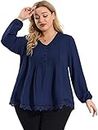 Agnes Orinda Women's Plus Size Top Long Sleeve Floral Lace Hollow Tops Blouse Christmas, Navy Blue, 3X
