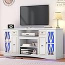 YITAHOME LED Farmhouse TV Stand for 75 70 Inch TV, 65" Entertainment Center with Power Outlet, Glass Door, Adjustable Shelves, 2 Drawers, TV Console for Living Room, White