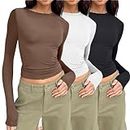 3PC Skim Dupes Basic Crop Top for Women Basics Clothing Women Skims Multi Pack Long Sleeve Crop Top T Shirts Y2K Crew Neck T Shirts Solid Color Blouses Tiktok Tight Baby Tees Tops