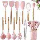 Vivayo, set di utensili da cucina in silicone, 12 pezzi, utensili da cucina in silicone, manico in legno, set di spatole da cucina con supporto cucchiaio, pinze, rosa