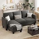 VICTONE Convertible Sectional Sofa Couch, 3 Seat L-Shaped Sofa with Linen Fabric, Movable Ottoman Small Couch for Small Apartments, Living Room and Office (Dark Gray)