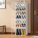 WeCool Upgraded Shoe Rack for Home Plastic, Portable Shoe Rack with Dustproof Door for Heels/Slippers/Boots, 8-layer Shoe Storage Cabinet with Hooks for Entryway or Bedroom - White