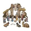 Heirloom Nativity Figures Multi Warm Fifteen Piece Set | Christmas Scene Decor | Painted by Hand | Three Kings, Angel Donkey, Sheep, Camel, Ox, Holy Family, Baby Jesus in Manger, Stable, Drummer Boy