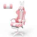 Ferghana Kawaii Pink Gaming Chair with Bunny Ears, Ergonomic Cute Gamer Chair with Footrest and Massage, Racing Reclining Leather Office Computer Game Chair for Girls Adults Teens Kids
