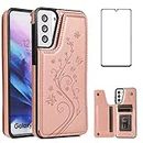 Phone Case for Samsung Galaxy S21 Glaxay S 21 5G 6.2 inch with Tempered Glass Screen Protector and Card Holder Wallet Cover Stand Flip Leather Cell Accessories Gaxaly 21S G5 Cases Women Girl Rose Gold