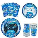 WERNNSAI Blue Video Game Party Paper Plates Cups Napkins - 64 PCS Gamer Birthday Party Decorations for Boys Gaming Night Tableware Set Disposable Dinner Dessert Plates Napkins Cups Serves 16 Guests