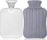 Attmu Rubber Hot Water Bottle with Cover Knitted, Transparent Hot Water Bag 2 Liter - White (Grey)