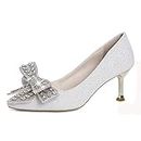 CCAFRET Tacchi Alti Shiny Crystal Bowknot Pump Women's Pointed High Heel Wedding Shoes Women's Spring Cover Gold High Heel (Color : Silver, Size : 36 EU)