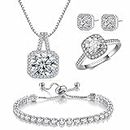 4pcs Set Zirconia Pendant Necklace Earrings Ring Bangle Set Silver Crystal Fashion Adjustable Jewelry for Women Teen Girls Wife Party Prom Engagement Wedding Gifts (Square suit)