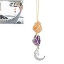 Crystal Car Hanging Ornament, Car Mirror Auto Interior Decoration Accessories Hanging Charm Healing Crystal Rearview Mirror Energy Dangling Moon Stone Pendant(Citrine+Amethyst)